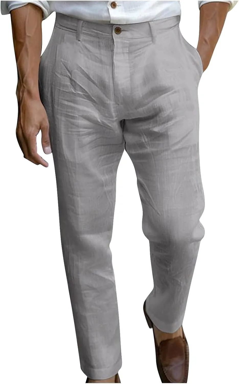 Mens Summer Linen Pants Elastic Waist with Button Casual Lightweight Beach Yoga Lounge Loose Fit Comfort Pants