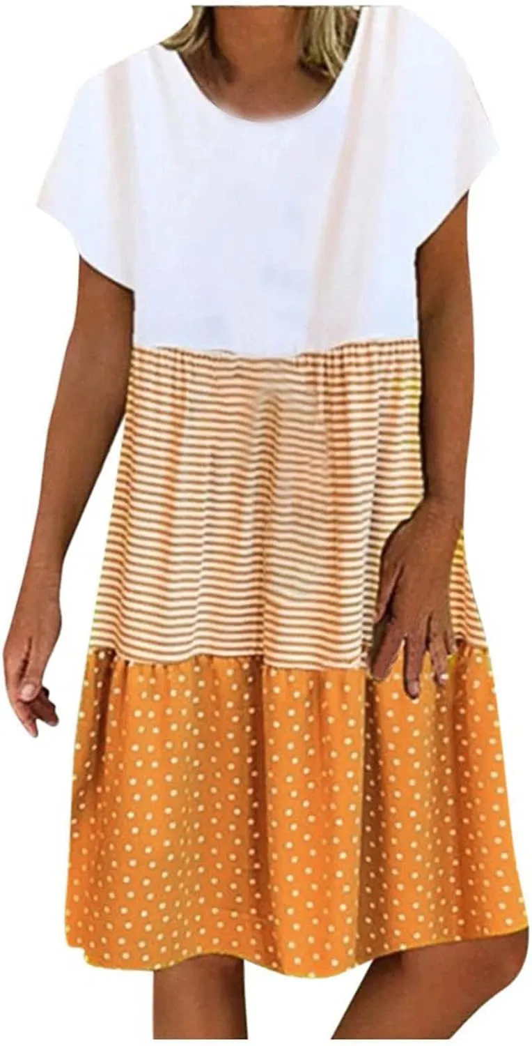 Midi Dresses for Women Loose Short Sleeve Summer Dress Polka Dot Stripe Colorblock Casual Dress Flowy Beach Sundress