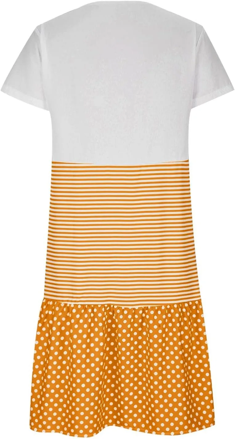 Midi Dresses for Women Loose Short Sleeve Summer Dress Polka Dot Stripe Colorblock Casual Dress Flowy Beach Sundress