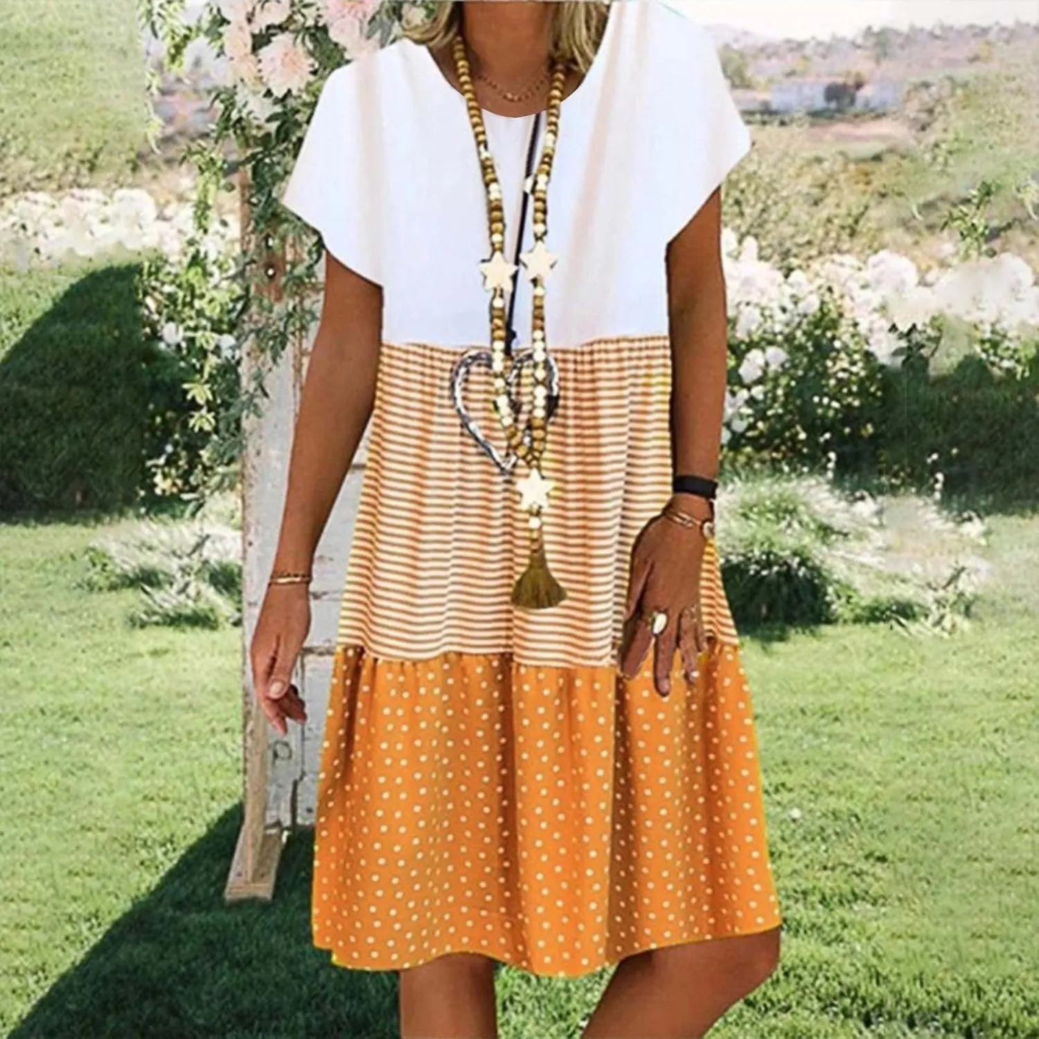 Midi Dresses for Women Loose Short Sleeve Summer Dress Polka Dot Stripe Colorblock Casual Dress Flowy Beach Sundress