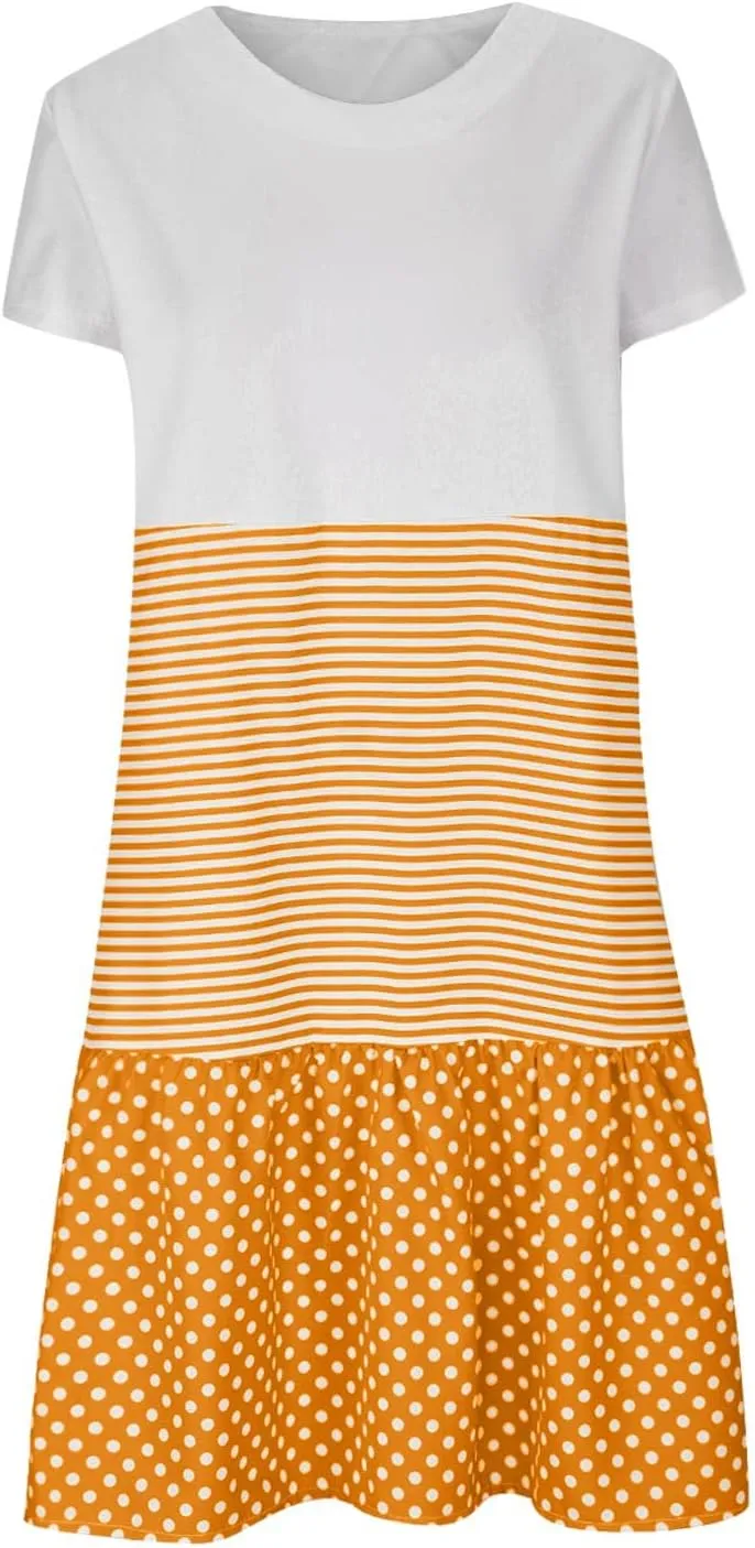 Midi Dresses for Women Loose Short Sleeve Summer Dress Polka Dot Stripe Colorblock Casual Dress Flowy Beach Sundress