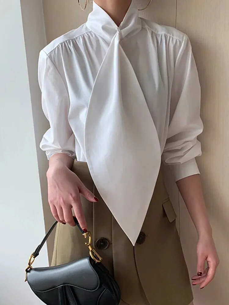 Minimalist Patchwork Lace Up Shirts For Women Stand Collar Long Sleeve Casual Loose Summer Blouse Female Fashion