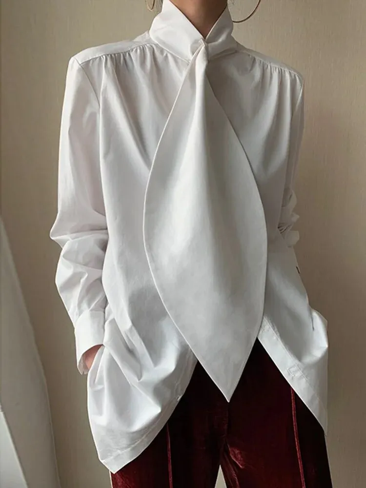 Minimalist Patchwork Lace Up Shirts For Women Stand Collar Long Sleeve Casual Loose Summer Blouse Female Fashion