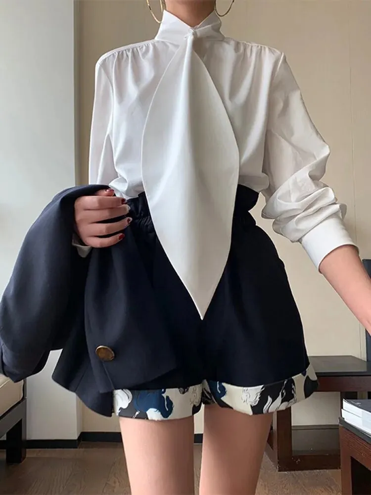 Minimalist Patchwork Lace Up Shirts For Women Stand Collar Long Sleeve Casual Loose Summer Blouse Female Fashion