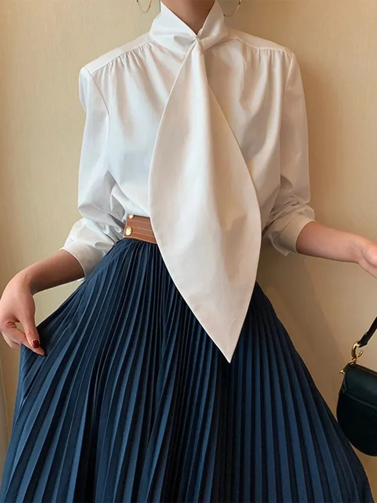 Minimalist Patchwork Lace Up Shirts For Women Stand Collar Long Sleeve Casual Loose Summer Blouse Female Fashion