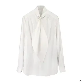 Minimalist Patchwork Lace Up Shirts For Women Stand Collar Long Sleeve Casual Loose Summer Blouse Female Fashion