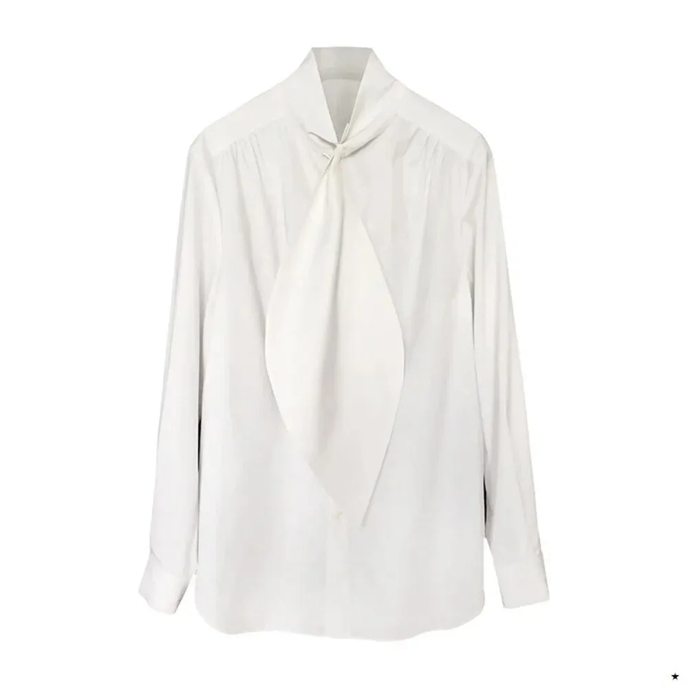 Minimalist Patchwork Lace Up Shirts For Women Stand Collar Long Sleeve Casual Loose Summer Blouse Female Fashion
