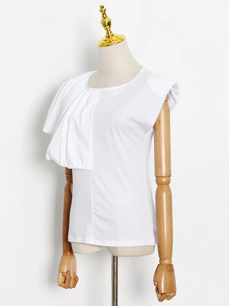 Minimalist T Shirts For Women Round Neck Short Sleeve Ruffles Pullover Blouse Female Fashion Clothing Summer