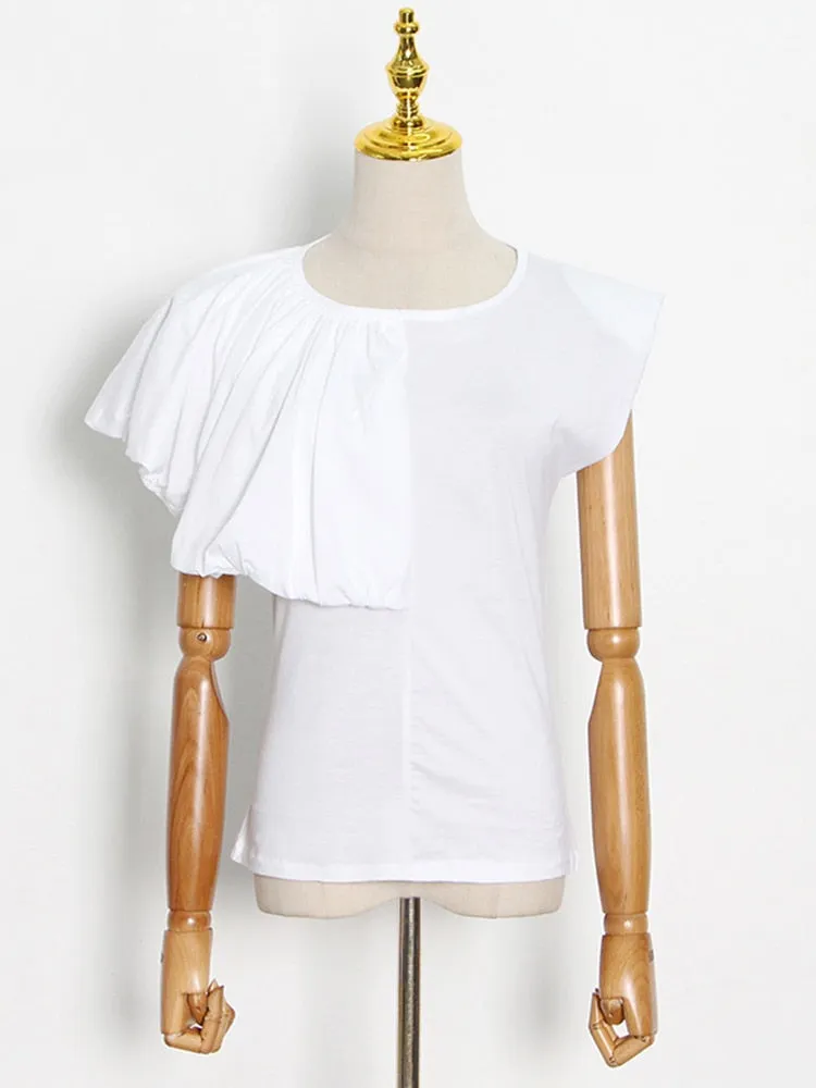 Minimalist T Shirts For Women Round Neck Short Sleeve Ruffles Pullover Blouse Female Fashion Clothing Summer