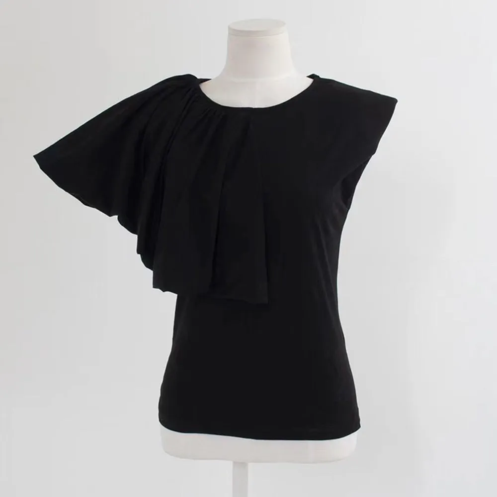 Minimalist T Shirts For Women Round Neck Short Sleeve Ruffles Pullover Blouse Female Fashion Clothing Summer