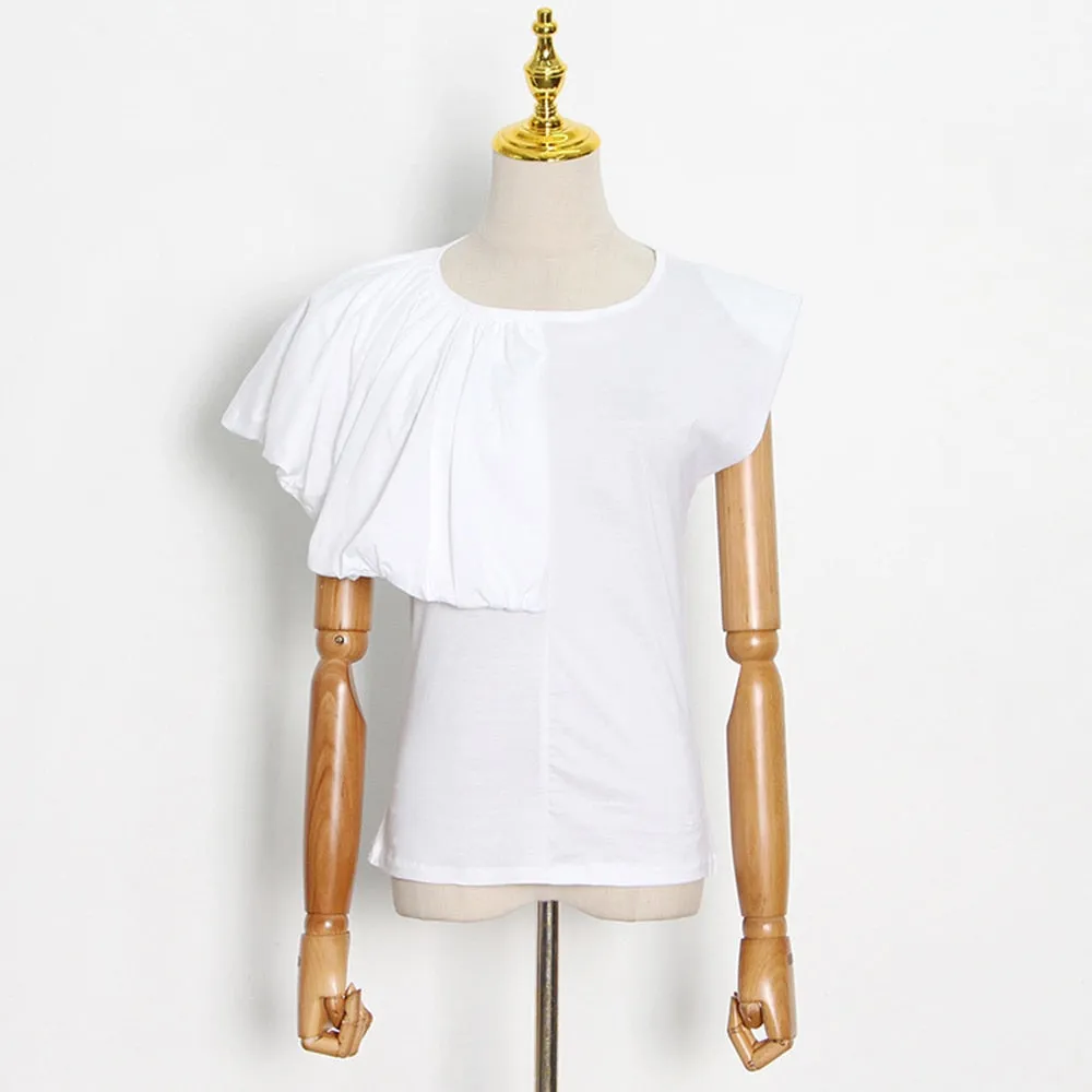 Minimalist T Shirts For Women Round Neck Short Sleeve Ruffles Pullover Blouse Female Fashion Clothing Summer