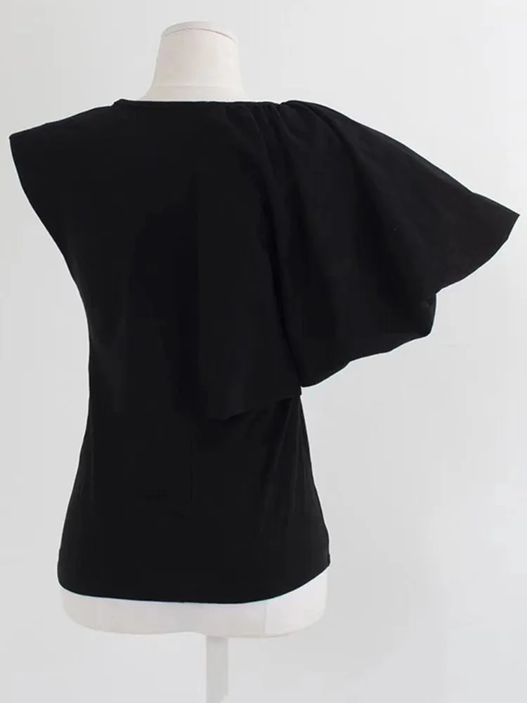 Minimalist T Shirts For Women Round Neck Short Sleeve Ruffles Pullover Blouse Female Fashion Clothing Summer