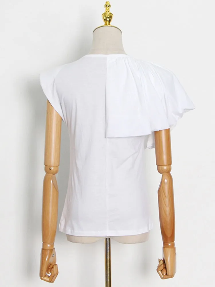 Minimalist T Shirts For Women Round Neck Short Sleeve Ruffles Pullover Blouse Female Fashion Clothing Summer