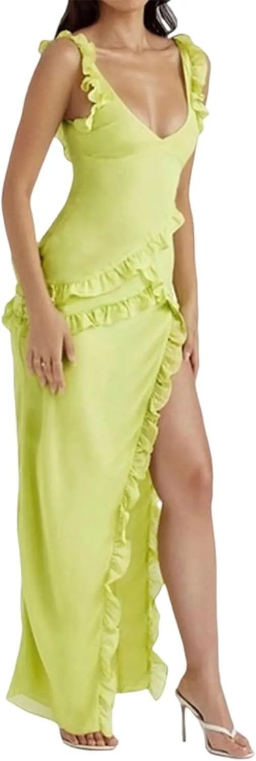 Miqil Women's Sexy Backless Peplum Ruffle Long Dress Y2k Bodycon Spaghetti Strap Asymmetrical Dress Elegant Evening Dress