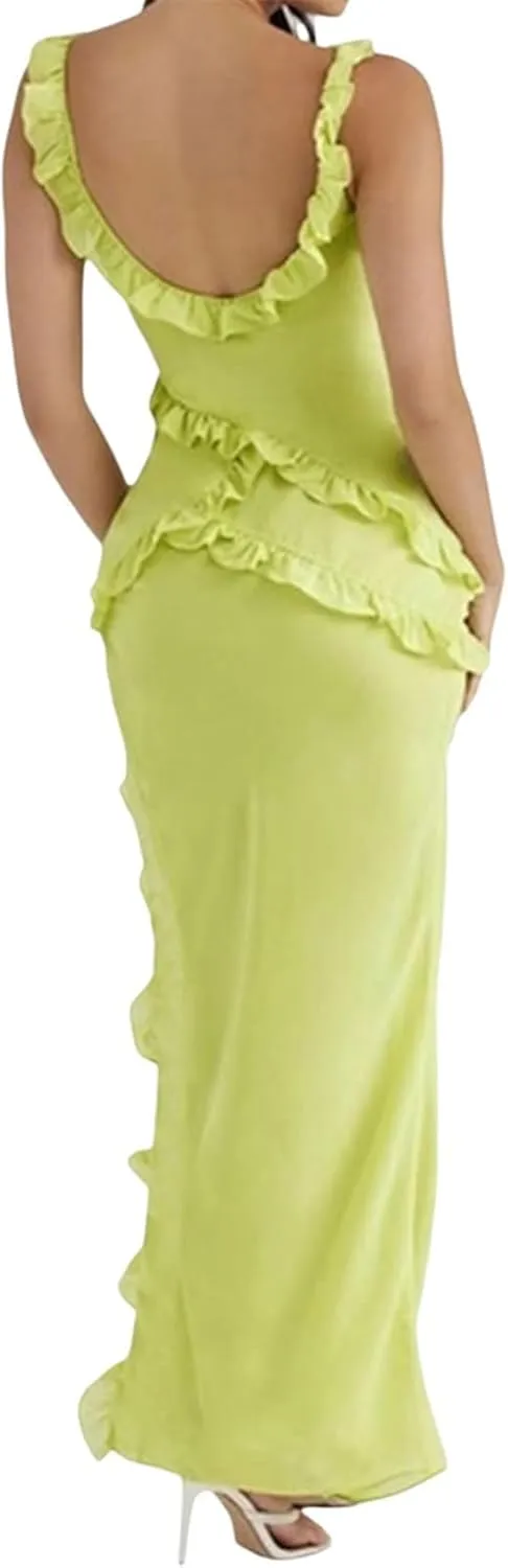Miqil Women's Sexy Backless Peplum Ruffle Long Dress Y2k Bodycon Spaghetti Strap Asymmetrical Dress Elegant Evening Dress