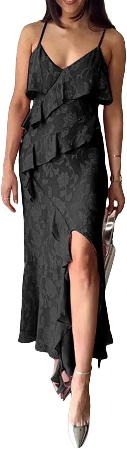 Miqil Women's Sexy Backless Peplum Ruffle Long Dress Y2k Bodycon Spaghetti Strap Asymmetrical Dress Elegant Evening Dress