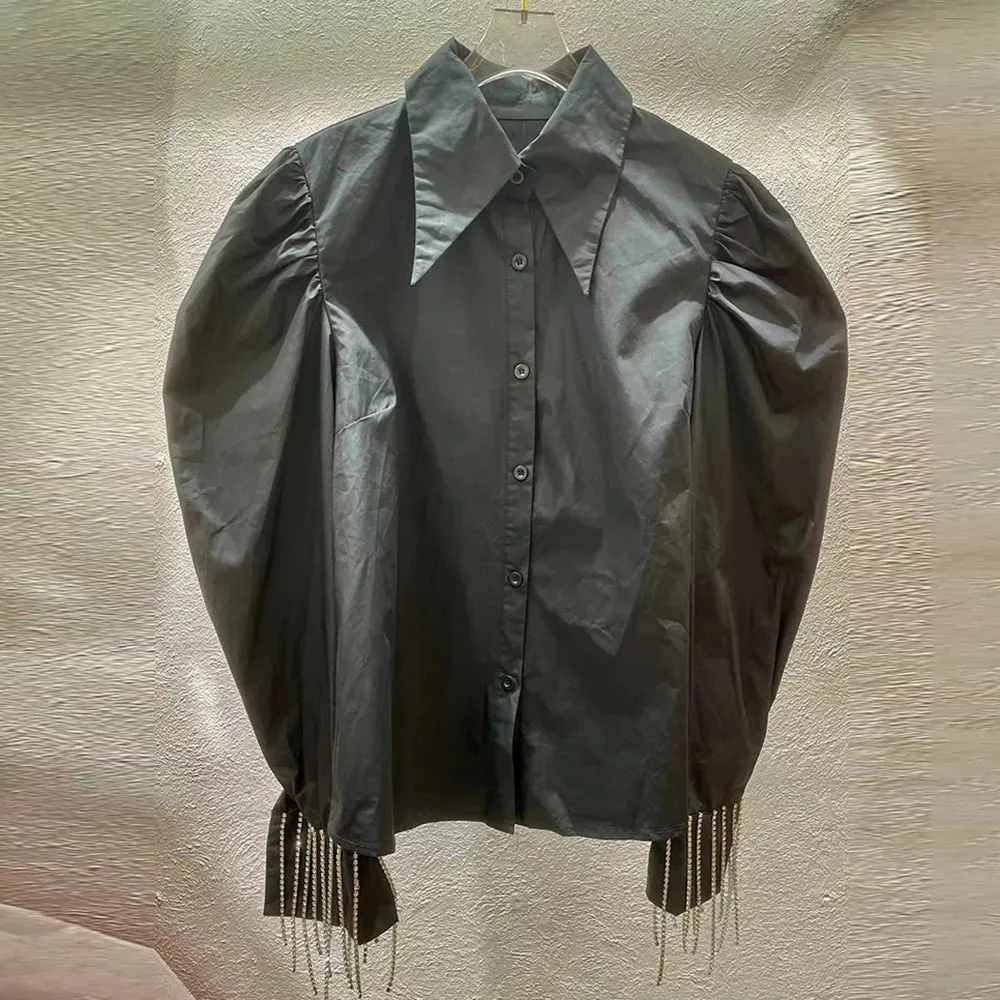 Patchwork Tassels Shirt For Women Lapel Puff Sleeve Solid Minimalist Blouses Female Autumn Clothing Style