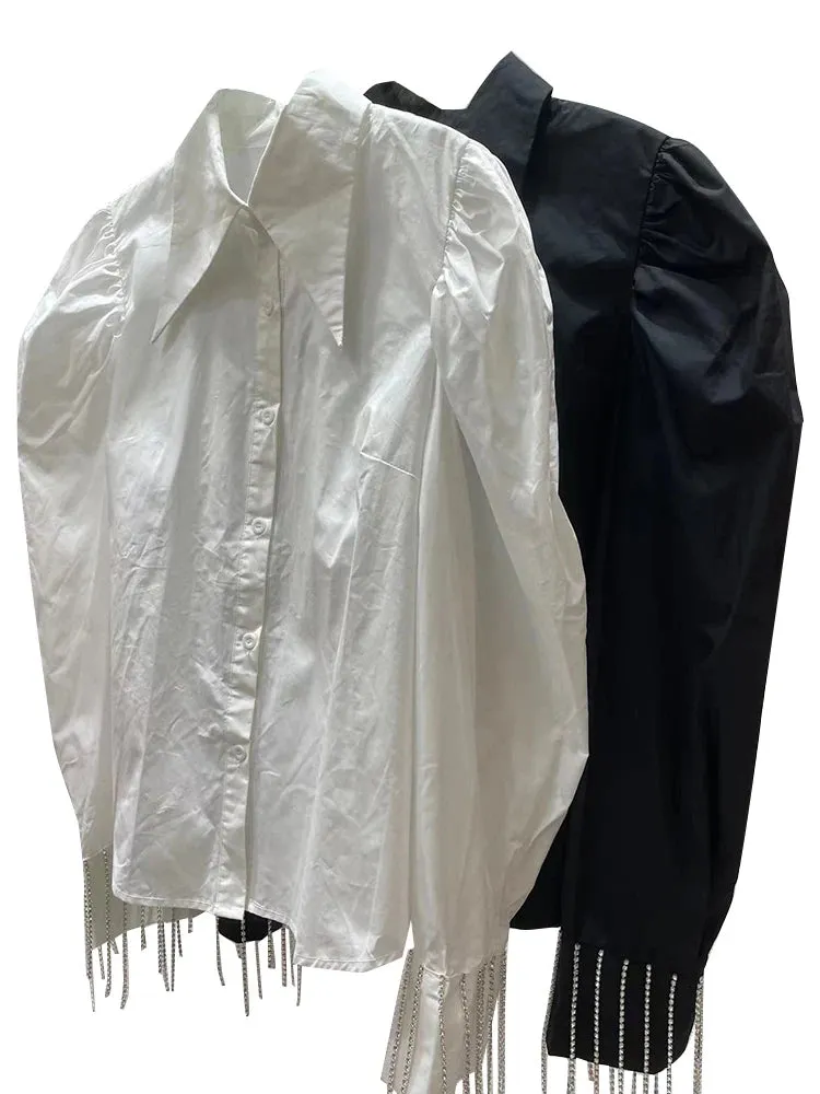 Patchwork Tassels Shirt For Women Lapel Puff Sleeve Solid Minimalist Blouses Female Autumn Clothing Style