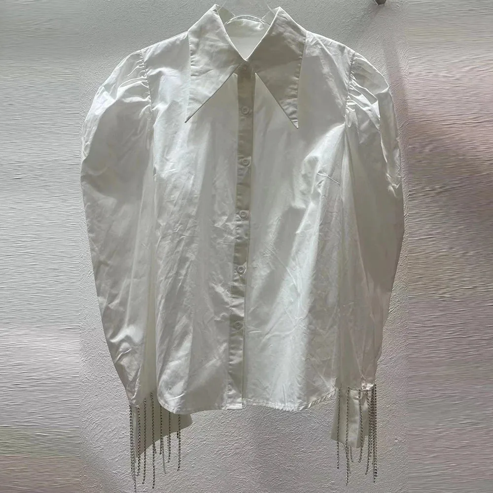 Patchwork Tassels Shirt For Women Lapel Puff Sleeve Solid Minimalist Blouses Female Autumn Clothing Style