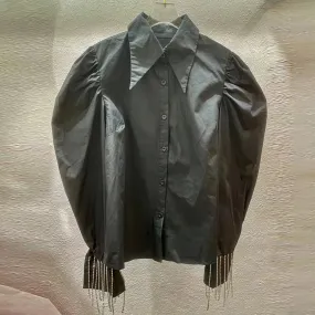 Patchwork Tassels Shirt For Women Lapel Puff Sleeve Solid Minimalist Blouses Female Autumn Clothing Style
