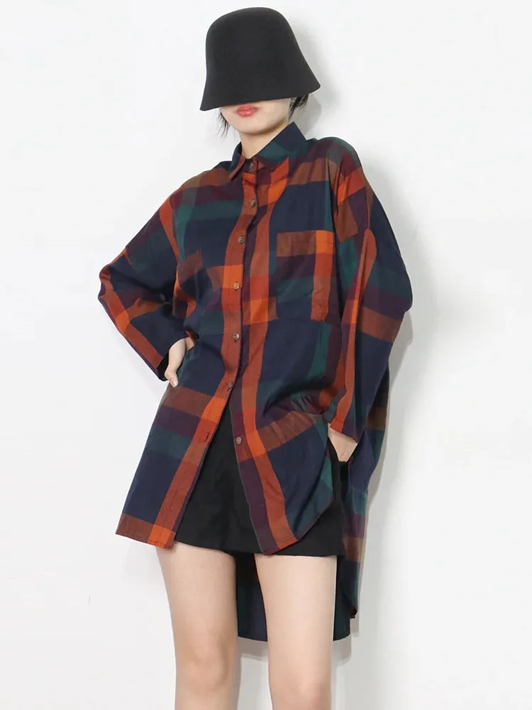 Plaid Colorblock Shirt For Women Lapel Long Sleeve Loose Slim Minimalist Button Through Blouse Female Clothing