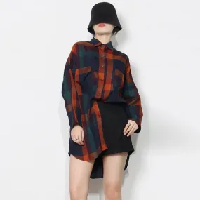Plaid Colorblock Shirt For Women Lapel Long Sleeve Loose Slim Minimalist Button Through Blouse Female Clothing