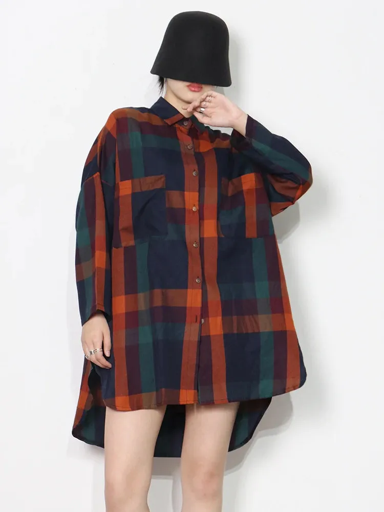 Plaid Colorblock Shirt For Women Lapel Long Sleeve Loose Slim Minimalist Button Through Blouse Female Clothing