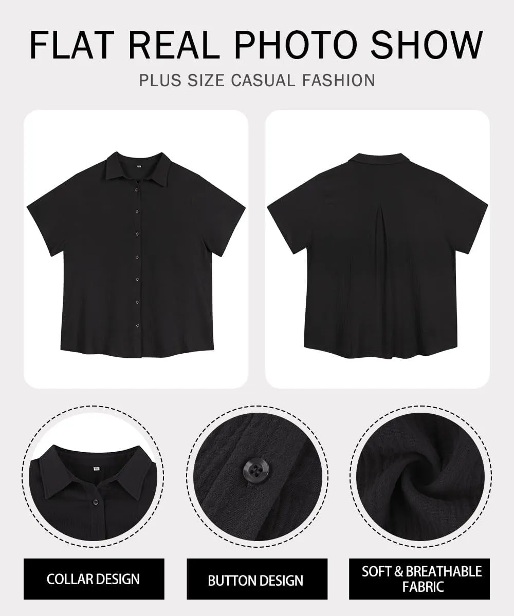 RITERA Womens Plus Size Tops Button Down Roll-Up Cuffed Short Sleeve Casual Shirts Collared Summer Lightweight Blouse XL-5XL