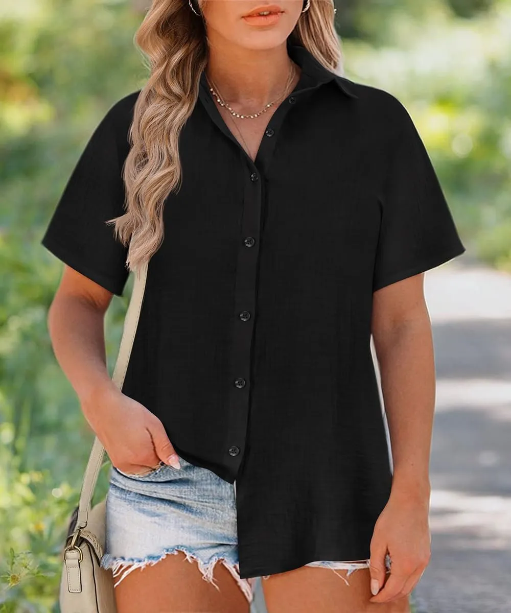 RITERA Womens Plus Size Tops Button Down Roll-Up Cuffed Short Sleeve Casual Shirts Collared Summer Lightweight Blouse XL-5XL