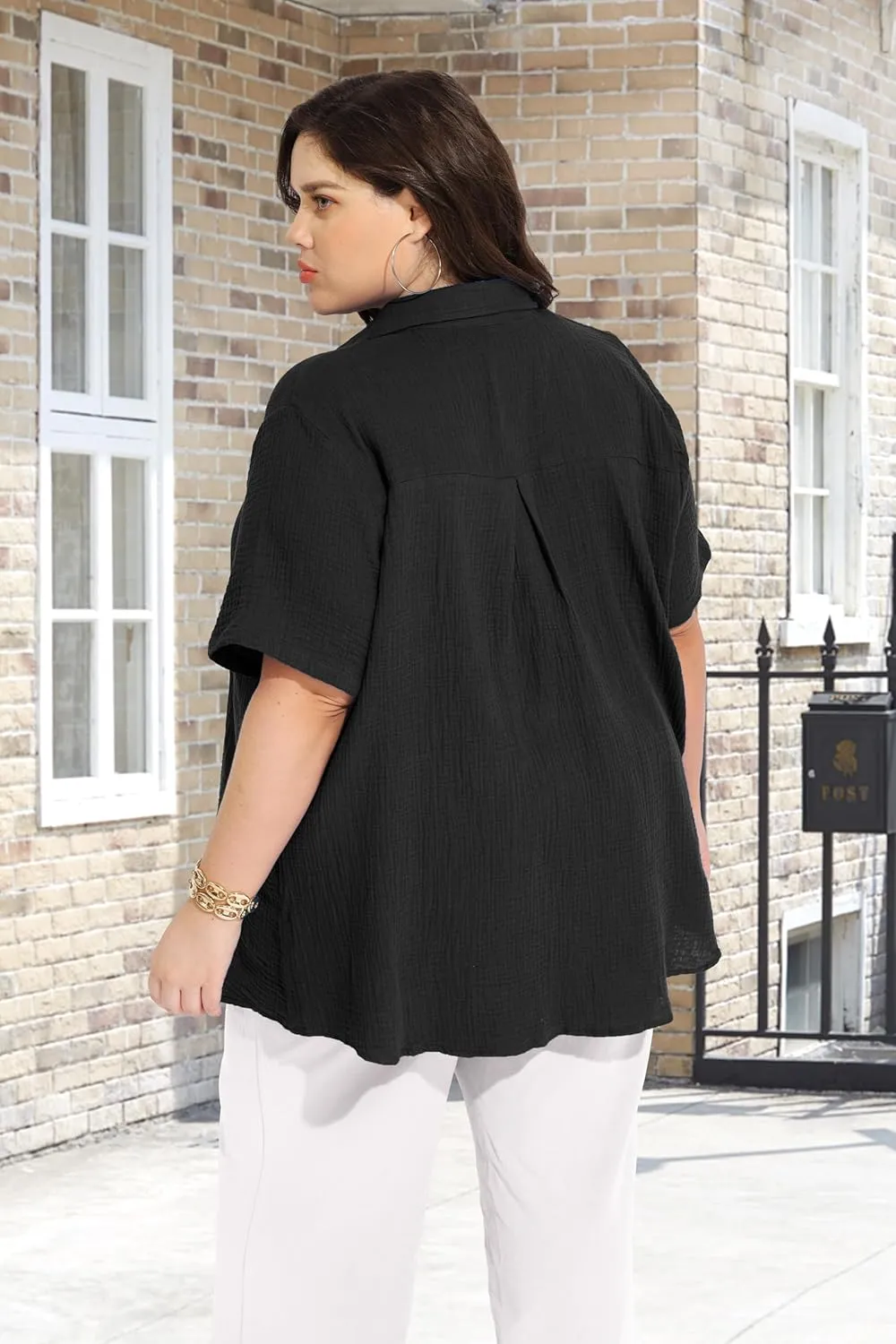 RITERA Womens Plus Size Tops Button Down Roll-Up Cuffed Short Sleeve Casual Shirts Collared Summer Lightweight Blouse XL-5XL