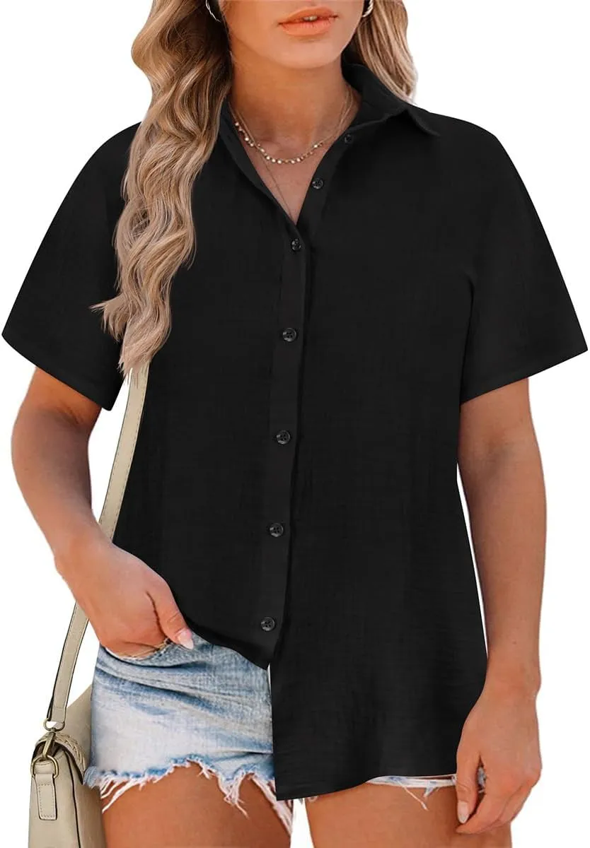 RITERA Womens Plus Size Tops Button Down Roll-Up Cuffed Short Sleeve Casual Shirts Collared Summer Lightweight Blouse XL-5XL