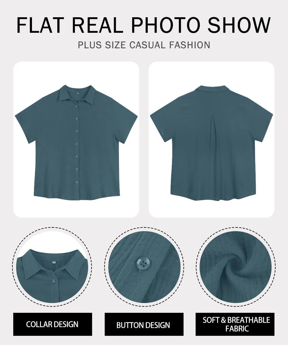 RITERA Womens Plus Size Tops Button Down Roll-Up Cuffed Short Sleeve Casual Shirts Collared Summer Lightweight Blouse XL-5XL