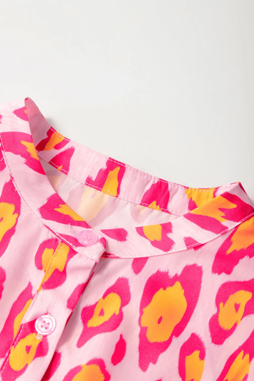 Rose Red Leopard Print Balloon Sleeve Loose Blouse