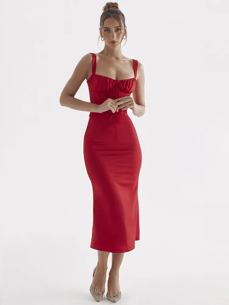 Shirring Lace-up Slim Wrap Straps Long Dress Sexy Backless Women V-Neck Solid Camisole Dress Casual Party Night Clubwear