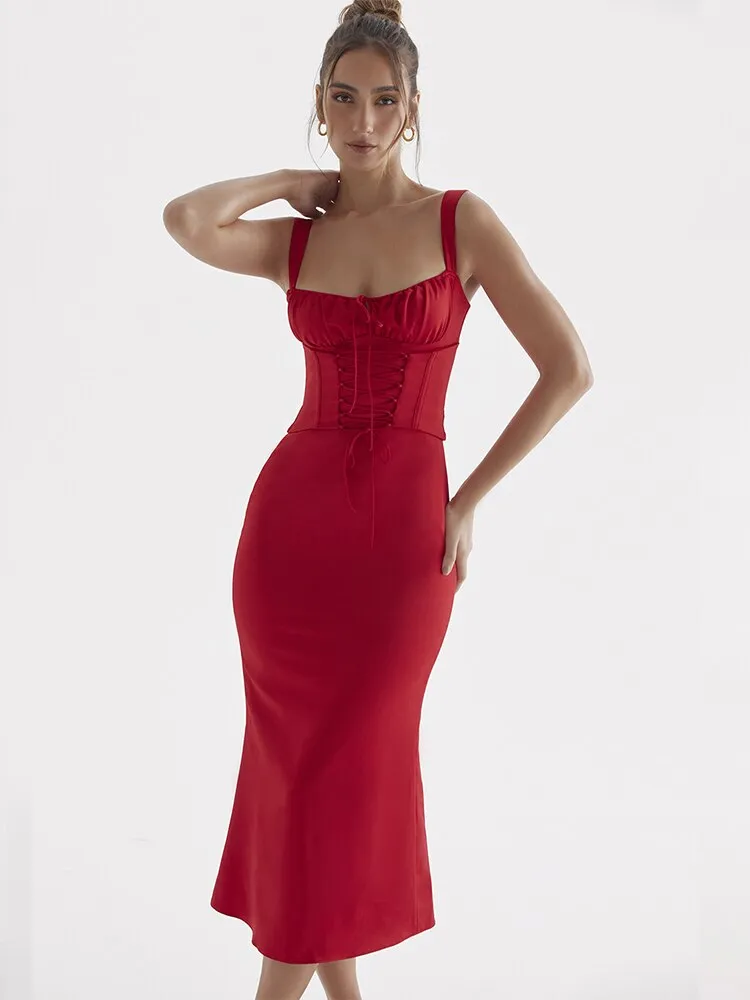 Shirring Lace-up Slim Wrap Straps Long Dress Sexy Backless Women V-Neck Solid Camisole Dress Casual Party Night Clubwear