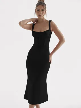 Shirring Lace-up Slim Wrap Straps Long Dress Sexy Backless Women V-Neck Solid Camisole Dress Casual Party Night Clubwear