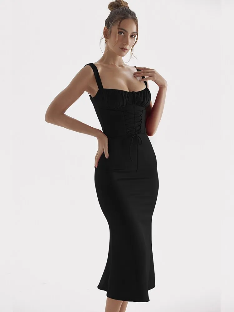 Shirring Lace-up Slim Wrap Straps Long Dress Sexy Backless Women V-Neck Solid Camisole Dress Casual Party Night Clubwear