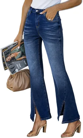 Sidefeel Womens Jeans High Waisted Stretchy Zimbaplatinum Wide Leg Jeans Trendy Slit Hem Bell Bottom Flare Denim Pants