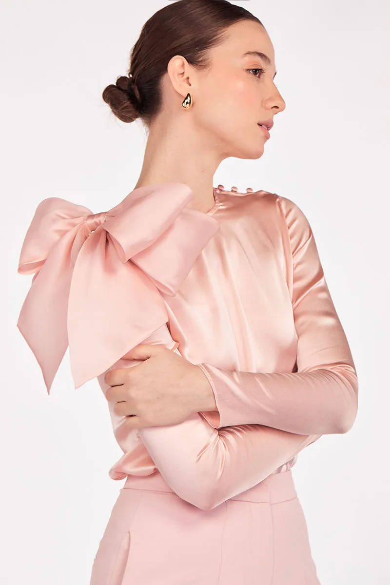 Silk Satin Button and Bow Embellished Blouse with Long Sleeves in Blush Pink