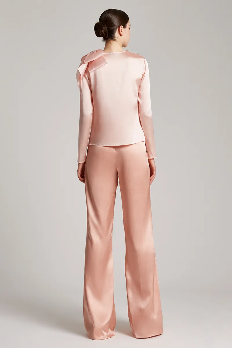 Silk Satin Button and Bow Embellished Blouse with Long Sleeves in Blush Pink