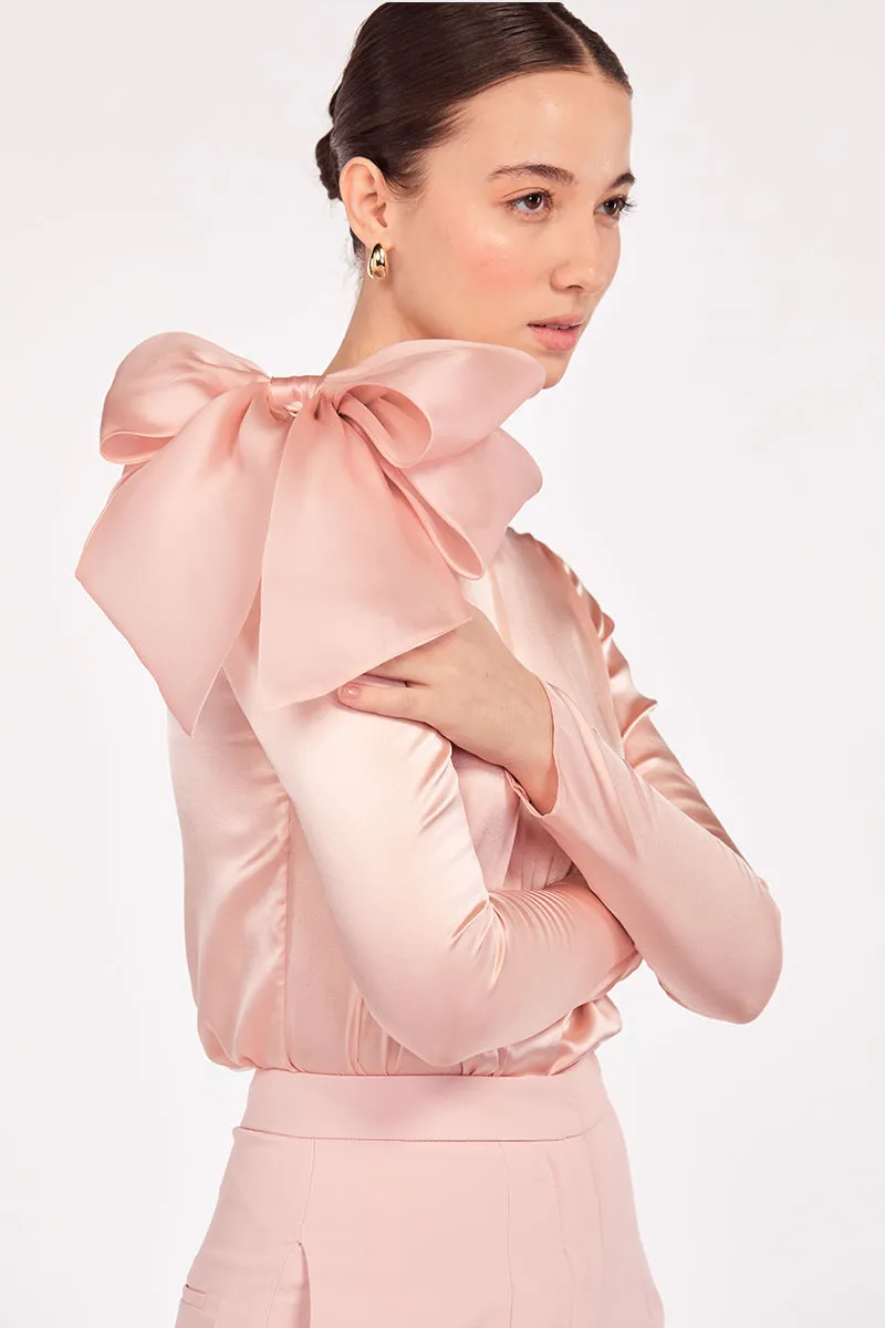 Silk Satin Button and Bow Embellished Blouse with Long Sleeves in Blush Pink