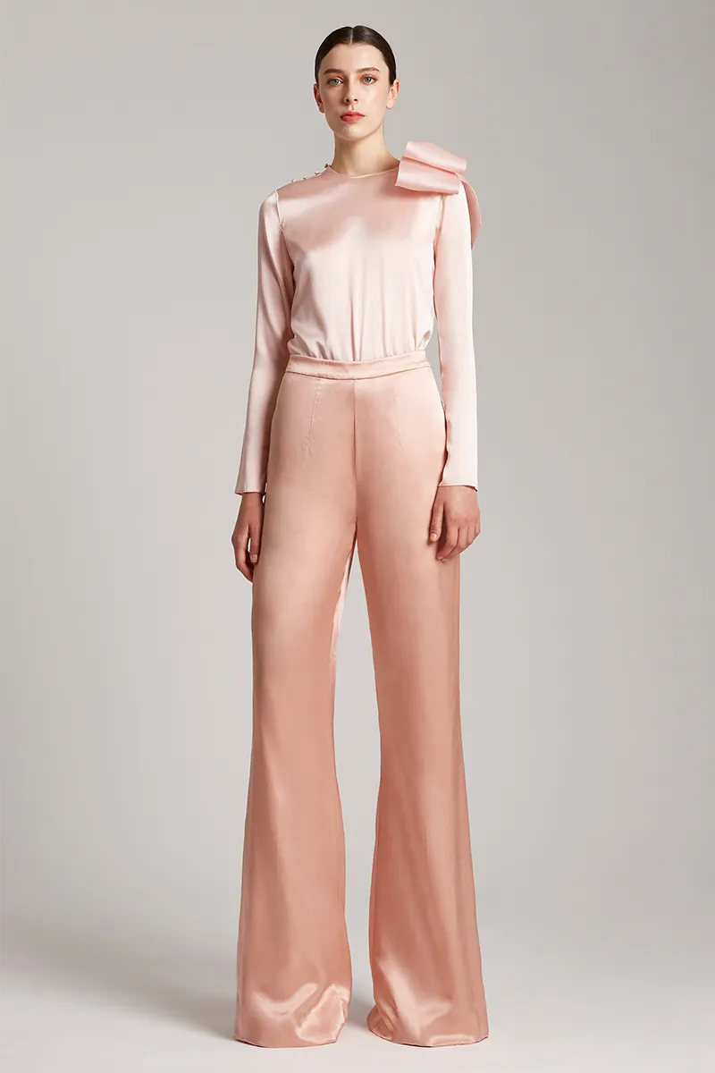 Silk Satin Button and Bow Embellished Blouse with Long Sleeves in Blush Pink