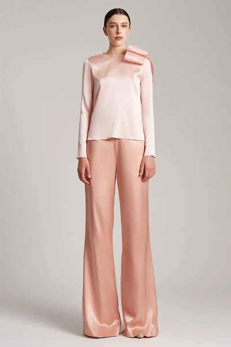 Silk Satin Button and Bow Embellished Blouse with Long Sleeves in Blush Pink