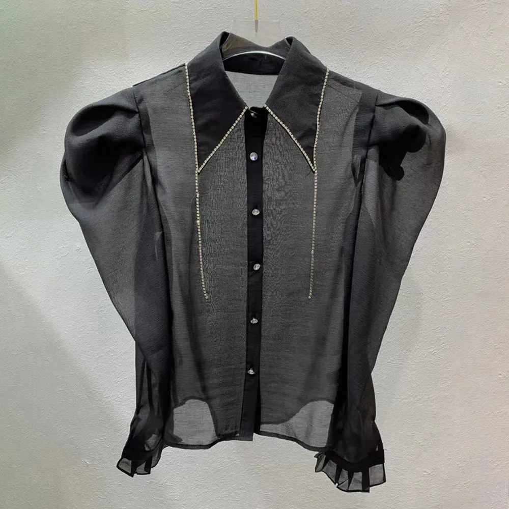 Slim Patchwork Diamonds Tassels Shirt For Women Lapel Puff Sleeve Solid Minimalist Button Through Blouse Female