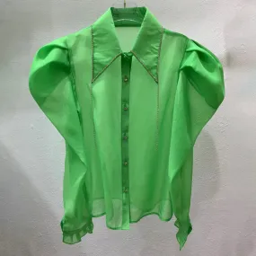 Slim Patchwork Diamonds Tassels Shirt For Women Lapel Puff Sleeve Solid Minimalist Button Through Blouse Female