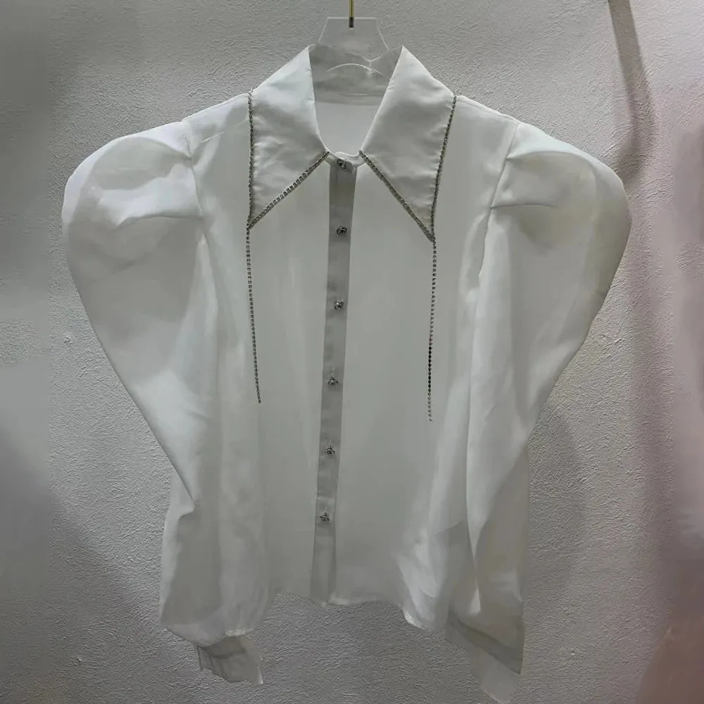 Slim Patchwork Diamonds Tassels Shirt For Women Lapel Puff Sleeve Solid Minimalist Button Through Blouse Female