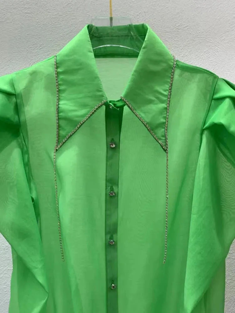 Slim Patchwork Diamonds Tassels Shirt For Women Lapel Puff Sleeve Solid Minimalist Button Through Blouse Female