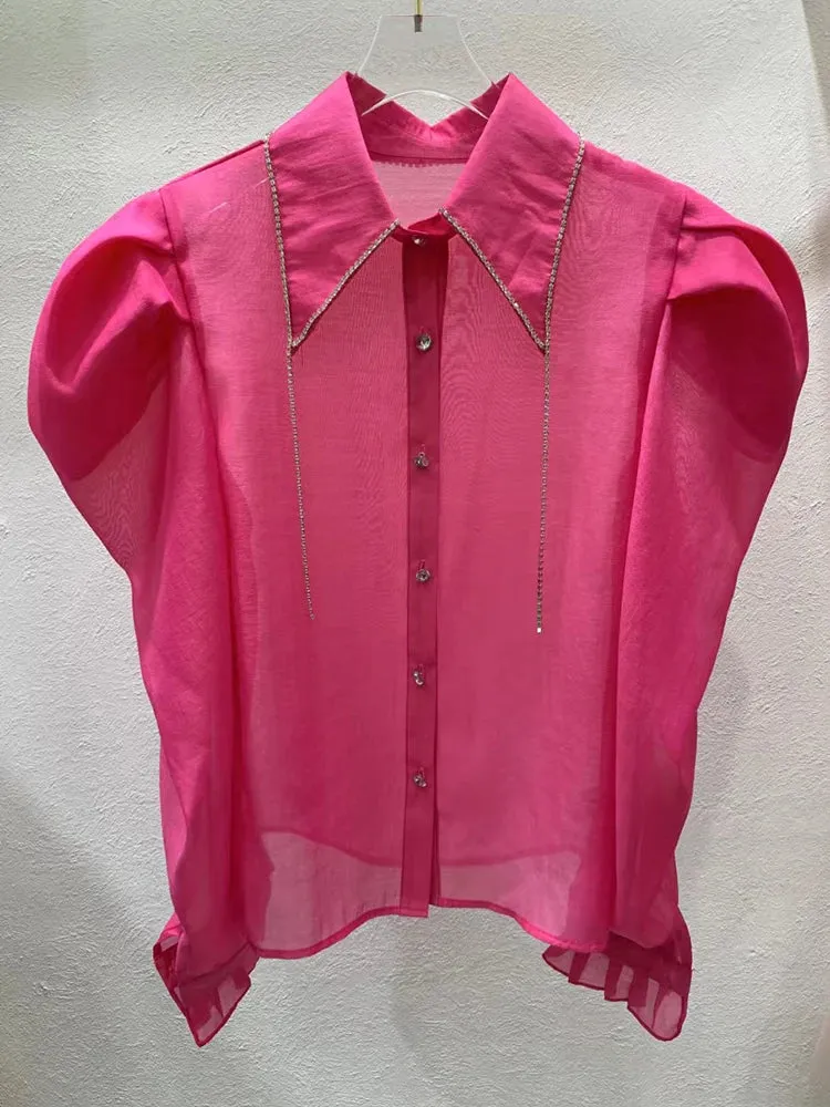Slim Patchwork Diamonds Tassels Shirt For Women Lapel Puff Sleeve Solid Minimalist Button Through Blouse Female