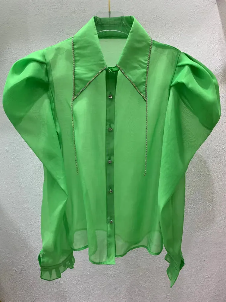 Slim Patchwork Diamonds Tassels Shirt For Women Lapel Puff Sleeve Solid Minimalist Button Through Blouse Female