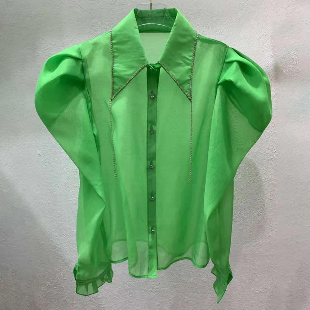 Slim Patchwork Diamonds Tassels Shirt For Women Lapel Puff Sleeve Solid Minimalist Button Through Blouse Female